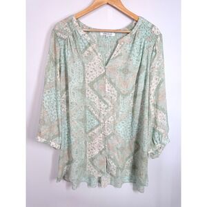Rose & Olive Boho Size‎ 2X 3/4 Sleeve Top Button Down Aqua Green Paisley Blouse